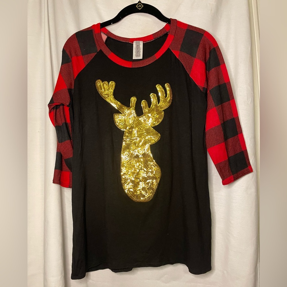 Acting Pro Red & Black Buffalo Plaid Gold Sequin Reindeer Long Sleeve Size S